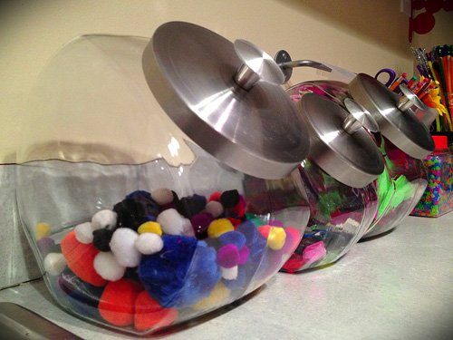 Organize Kids Craft Supplies in Glass Candy Jars Organize Kids Craft Supplies in Glass Candy Jars
